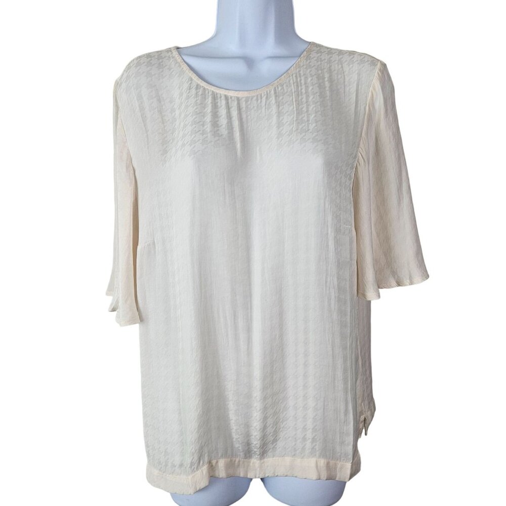 A New Day Women's Sheer Houndstooth Blouse Size Large Cream Casual Career Work
